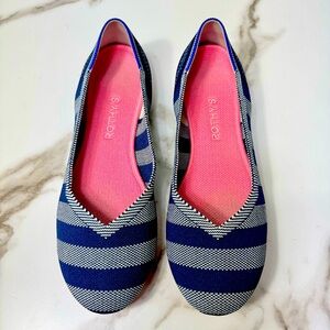 Rothy’s Riviera Big Stripes The Flat White Navy Pink Ballet Women’s Flats, 9.5